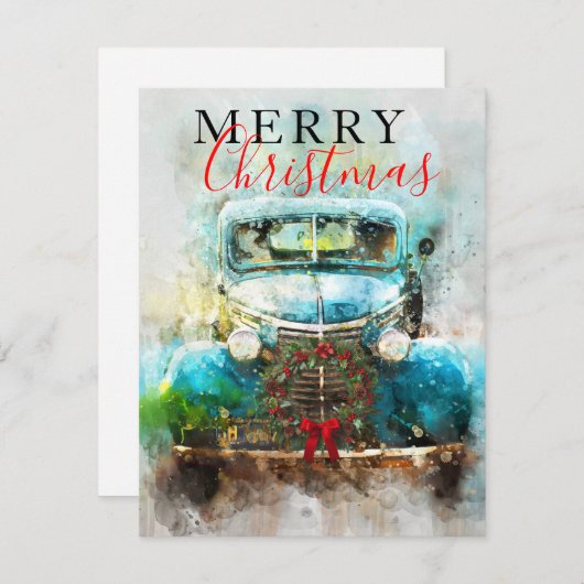 メリークリスマスヴィンテージウオーターカラートラック 招待状 (正面/裏面)