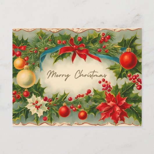 メリークリスマスヴィンテージオーナメントホリーベリー シーズンポストカード (正面)