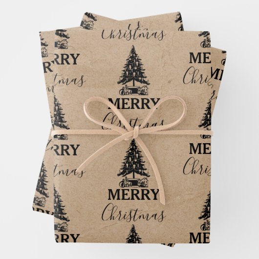 メリークリスマスヴィンテージクリスマスツリークラフト ラッピングペーパーシート (インサイチュ)