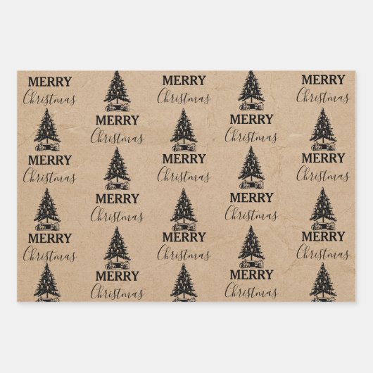 メリークリスマスヴィンテージクリスマスツリークラフト ラッピングペーパーシート (正面)