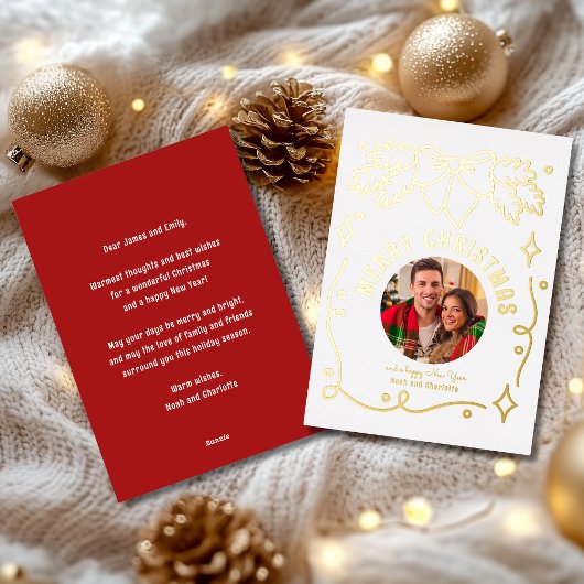 メリークリスマスヴィンテージコケットボウスプルース写真 箔シーズンカード