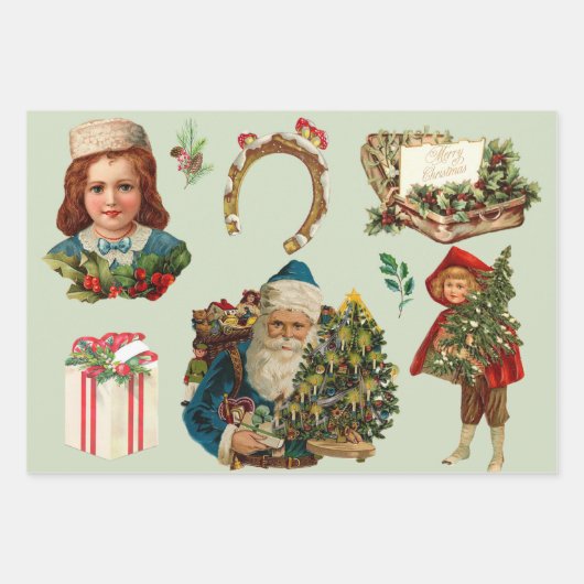 メリークリスマスヴィンテージコラージュとサンタ ラッピングペーパーシート (正面)