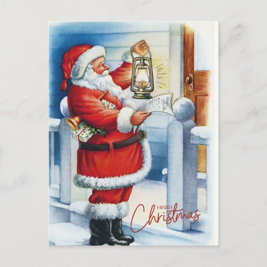 メリークリスマスヴィンテージサンタがあなたの玄関口で シーズンポストカード (正面)