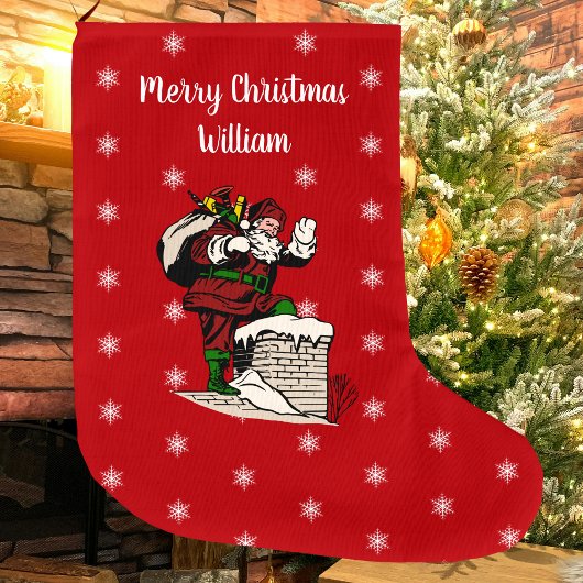メリークリスマスヴィンテージサンタパーソナライズされたレッド ラージクリスマスストッキング