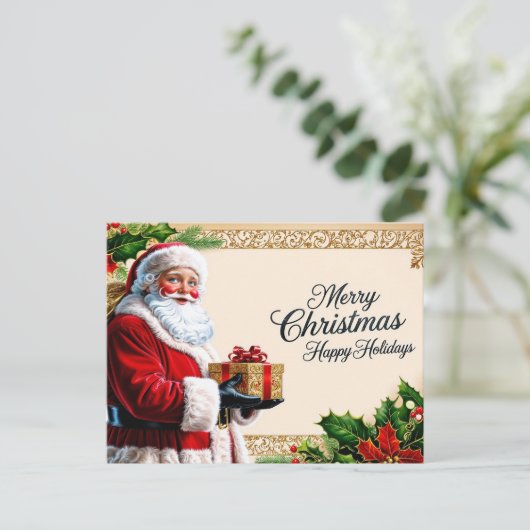 メリークリスマスヴィンテージサンタwithギフト シーズンポストカード (スタンド正面)