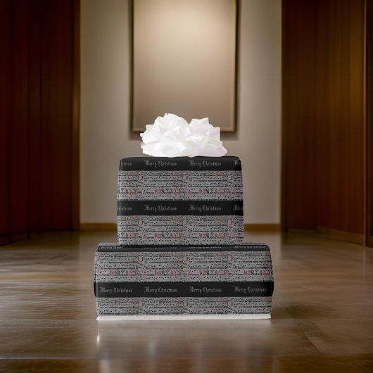 メリークリスマスヴィンテージシートミュージックグレーブラック ラッピングペーパー