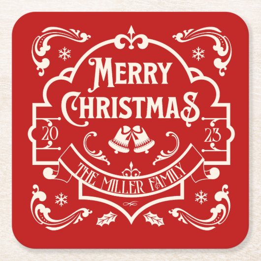 メリークリスマスヴィンテージスタイルデザイン スクエアペーパーコースター (正面)