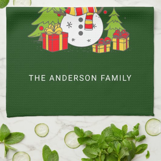 メリークリスマスヴィンテージツリー雪だるま パーソナライズされた キッチンタオル (折り畳み)
