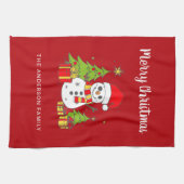 メリークリスマスヴィンテージツリー雪だるま パーソナライズされた キッチンタオル (横)