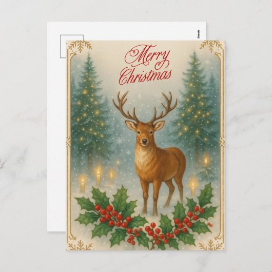 メリークリスマスヴィンテージトナカイHolly Berry シーズンポストカード (正面/裏面)