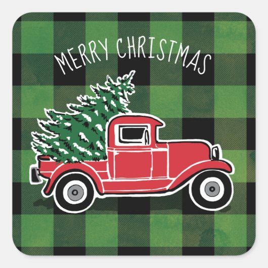 メリークリスマスヴィンテージトラックグリーンバッファロープレイド スクエアシール (正面)