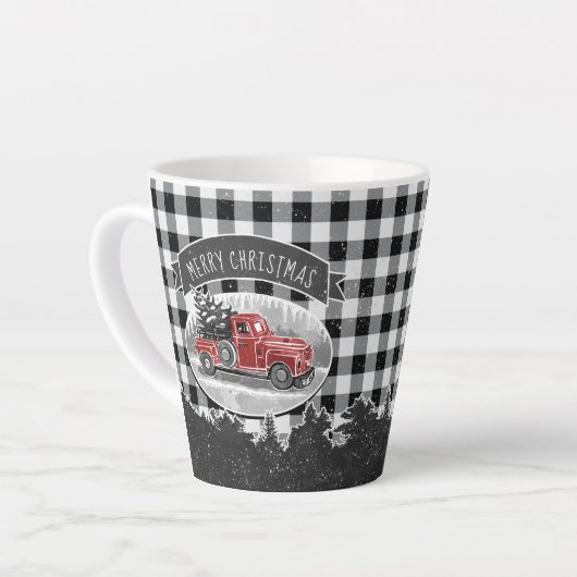 メリークリスマスヴィンテージトラックブラックバッファロープレイド カフェラテマグ (左アングル)