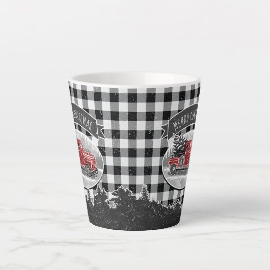 メリークリスマスヴィンテージトラックブラックバッファロープレイド カフェラテマグ (正面)