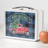 メリークリスマスヴィンテージトラックブルーバッファロープレイド メタルランチボックス (インサイチュ)