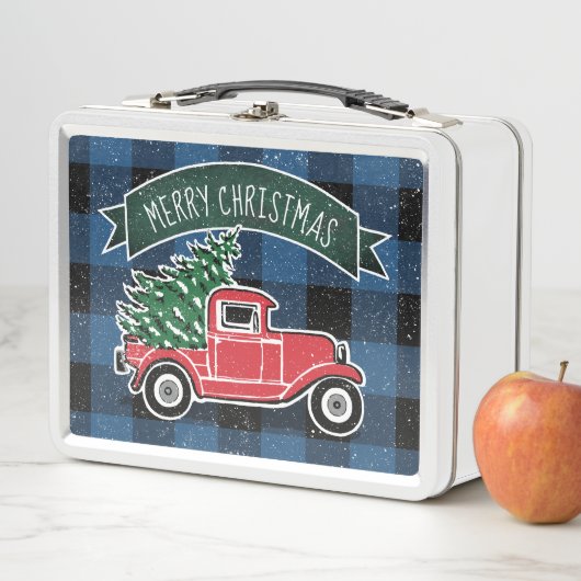 メリークリスマスヴィンテージトラックブルーバッファロープレイド メタルランチボックス (インサイチュ)
