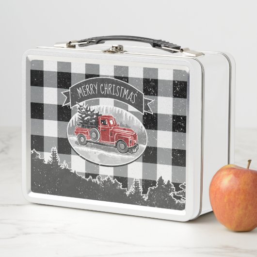 メリークリスマスヴィンテージトラックホワイトバッファロープレイド メタルランチボックス (インサイチュ)