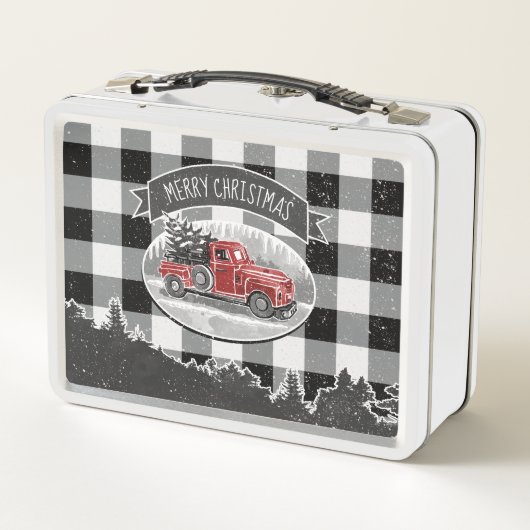 メリークリスマスヴィンテージトラックホワイトバッファロープレイド メタルランチボックス (裏面)