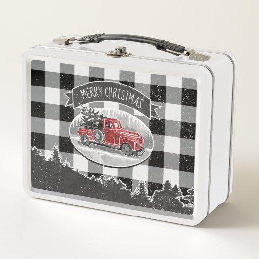 メリークリスマスヴィンテージトラックホワイトバッファロープレイド メタルランチボックス (正面)