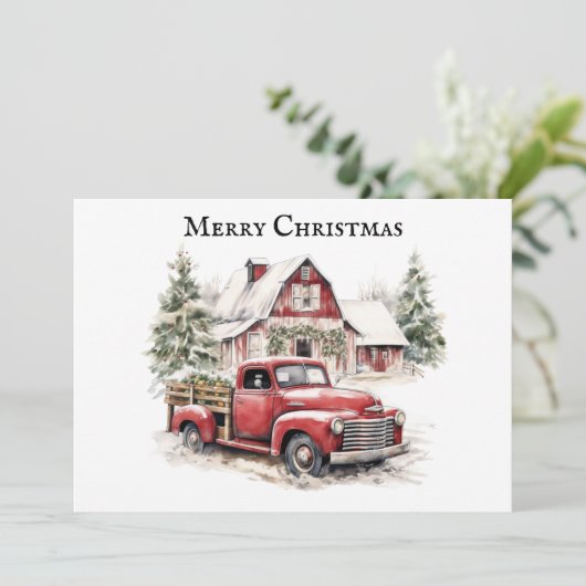 メリークリスマスヴィンテージトラック雪松の木 シーズンカード (スタンド正面)