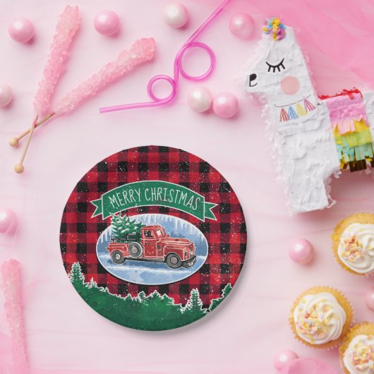 メリークリスマスヴィンテージトラック ペーパープレート (パーティー)