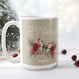メリークリスマスヴィンテージバタフライポインセチア コーヒーマグカップ