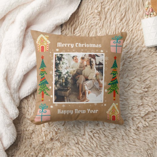 メリークリスマスヴィンテージブラウン家族写真 クッション (ブランケット)