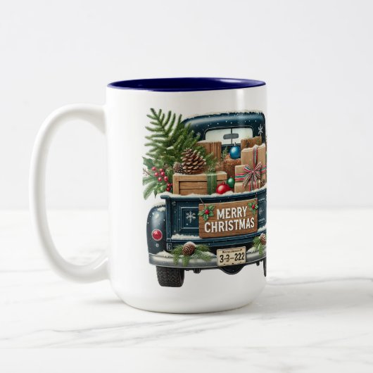 メリークリスマスヴィンテージブルートラック ツートーンマグカップ (左)