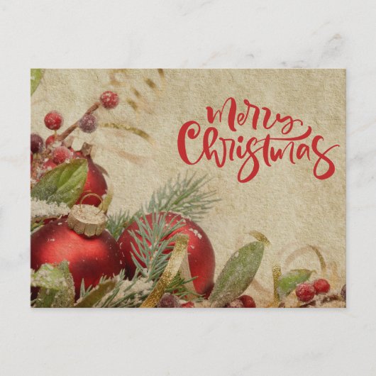メリークリスマスヴィンテージレッドオーナメントとベリー シーズンポストカード (正面)