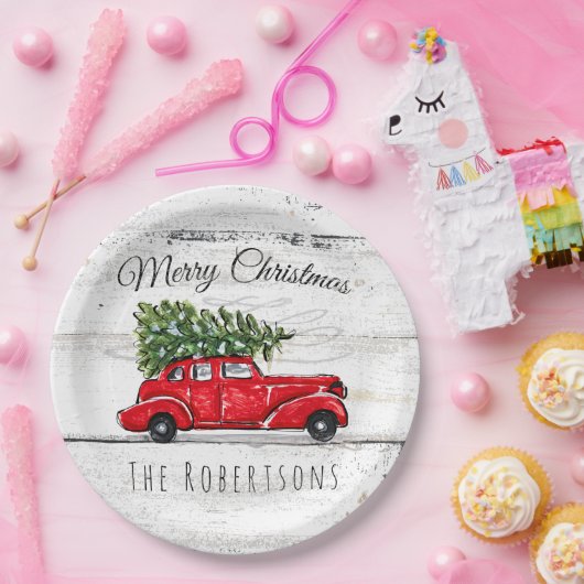 メリークリスマスヴィンテージレッドカーカスタム ペーパープレート (パーティー)