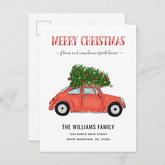 メリークリスマスヴィンテージレッドカーツリー移動 案内ポストカード (正面/裏面)