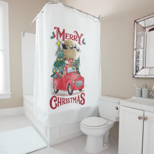 メリークリスマスヴィンテージレッドサンタトラック シャワーカーテン (インサイチュ)