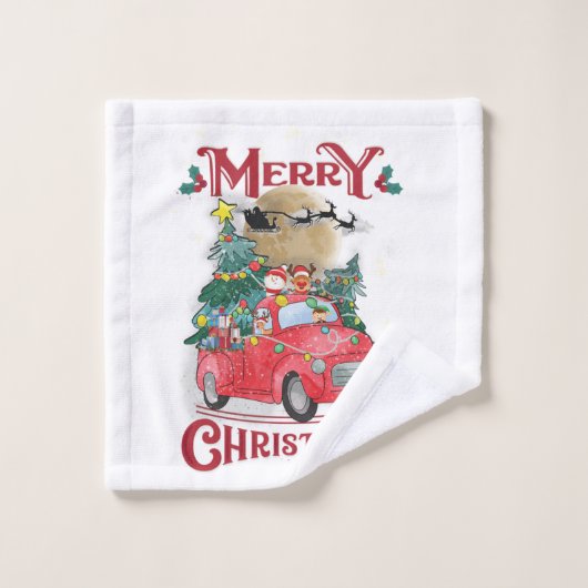 メリークリスマスヴィンテージレッドサンタトラック バスタオルセット (ウォッシュタオル)