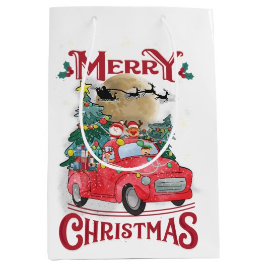 メリークリスマスヴィンテージレッドサンタトラック ミディアムペーパーバッグ (正面)
