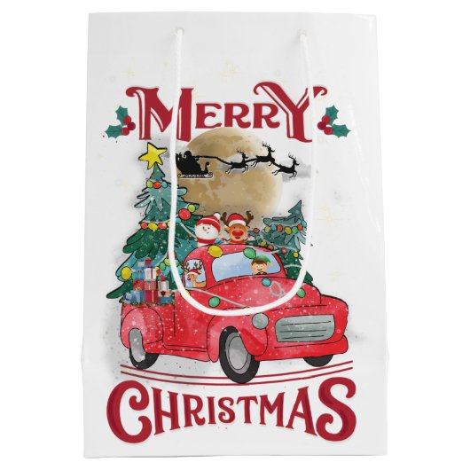 メリークリスマスヴィンテージレッドサンタトラック ミディアムペーパーバッグ (裏面)