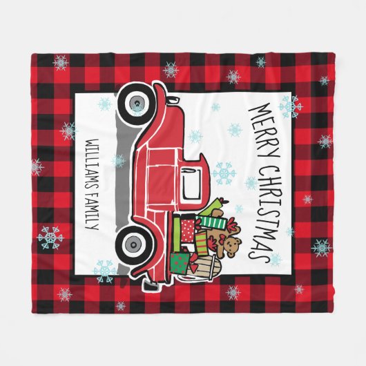 メリークリスマスヴィンテージレッドトラックギフト名 フリースブランケット (正面(横))