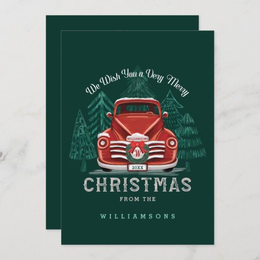 メリークリスマスヴィンテージレッドトラッククリスマスツリー シーズンカード (正面/裏面)