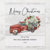 メリークリスマスヴィンテージレッドトラックファミリーホリデー ワインラベル (シングルラベル)