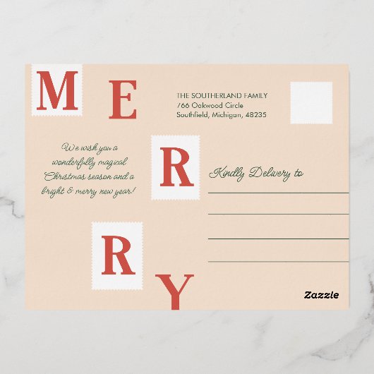 メリークリスマスヴィンテージレッドトラック切手 箔シーズンポストカード (裏面)