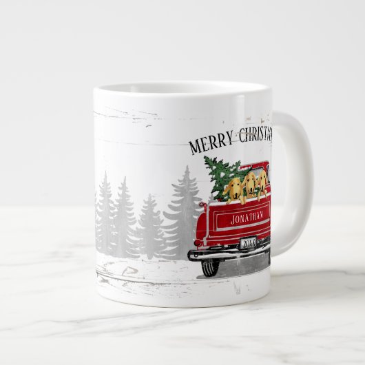 メリークリスマスヴィンテージレッドトラック素朴ネームドッグ ジャンボコーヒーマグカップ (正面右)