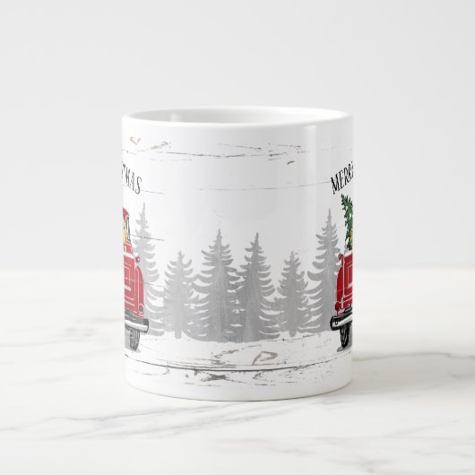 メリークリスマスヴィンテージレッドトラック素朴ネームドッグ ジャンボコーヒーマグカップ (正面)