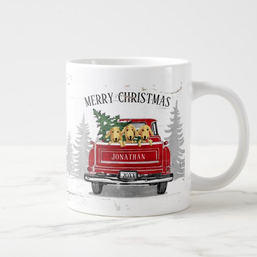 メリークリスマスヴィンテージレッドトラック素朴ネームドッグ ジャンボコーヒーマグカップ (右)