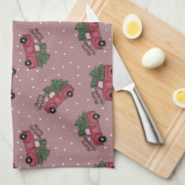 メリークリスマスヴィンテージレッドトラック キッチンタオル