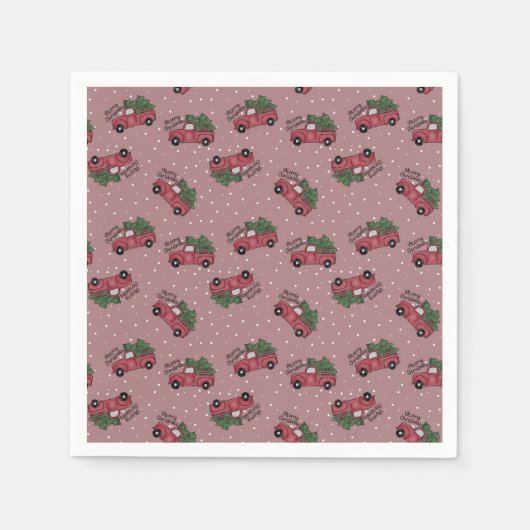 メリークリスマスヴィンテージレッドトラック スタンダードカクテルナプキン (正面)
