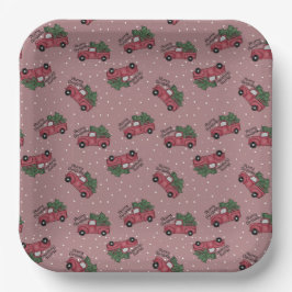 メリークリスマスヴィンテージレッドトラック ペーパープレート