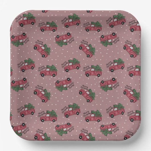 メリークリスマスヴィンテージレッドトラック ペーパープレート (正面)