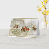 メリークリスマスヴィンテージロビンバード カード (黄色い花)