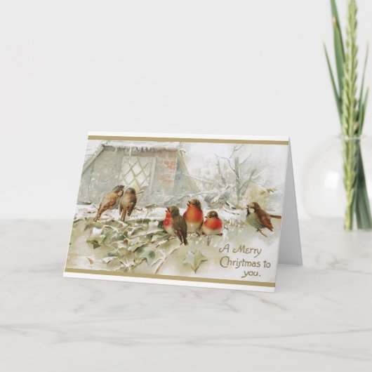 メリークリスマスヴィンテージロビンバード カード (正面)