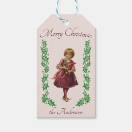 メリークリスマスヴィンテージ小さな女の子とホリーピンク ギフトタグ