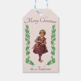 メリークリスマスヴィンテージ小さな女の子とホリーピンク ギフトタグ