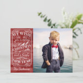 メリークリスマスヴィンテージ赤い水色の写真 シーズンカード (スタンド正面)
